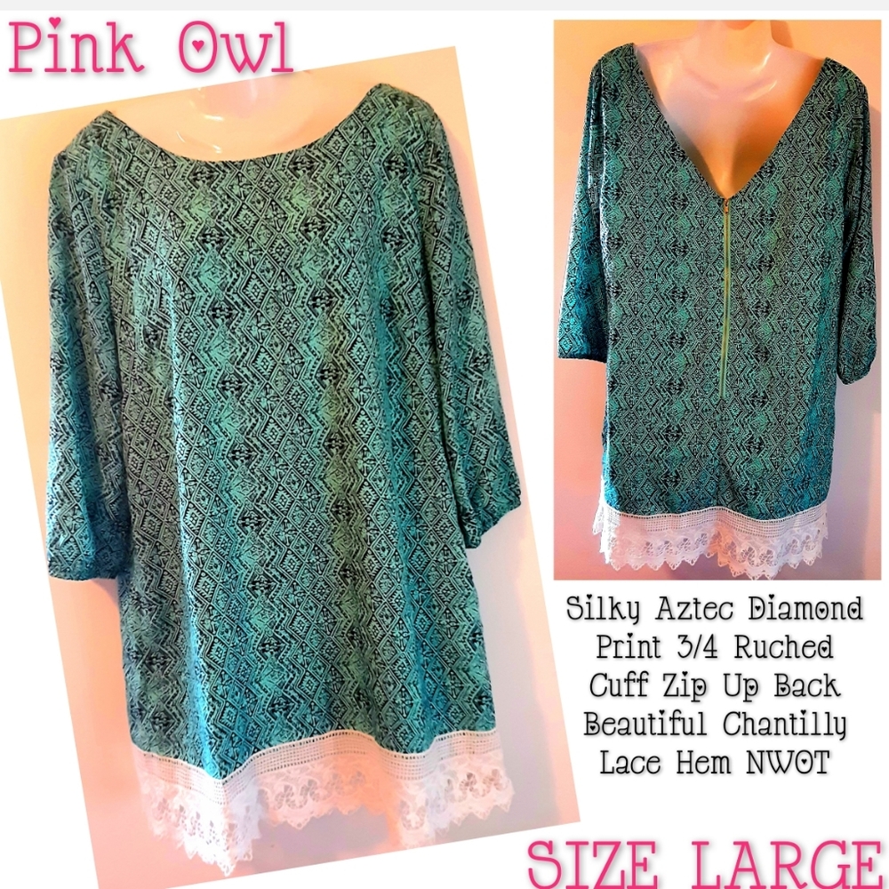 Pink Owl Shift Dress Aztec Print Size Large NWOT